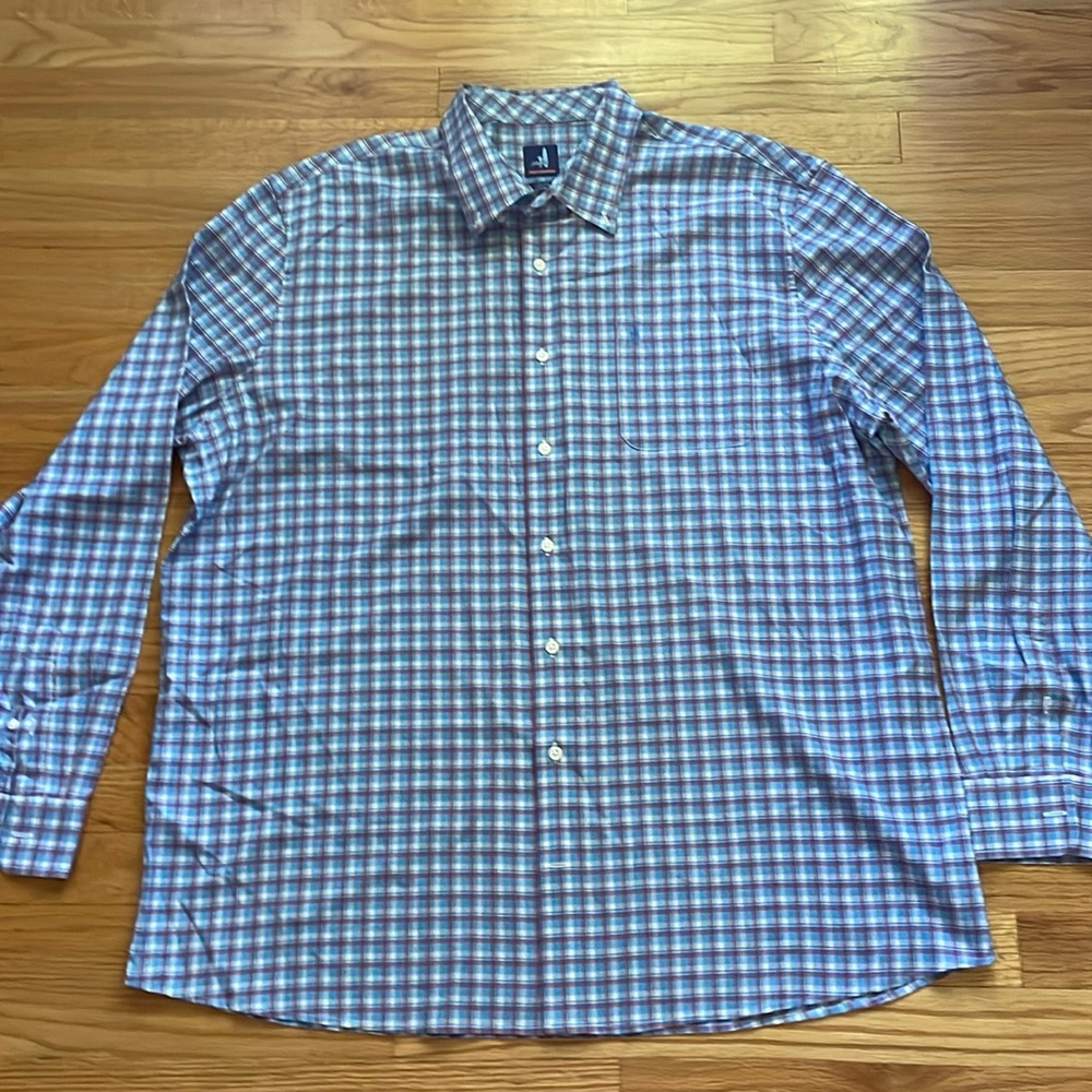 Johnnie-O Shirt Mens Prep-formance Blue Plaid Bamboo Rayon Blend Stretch A15